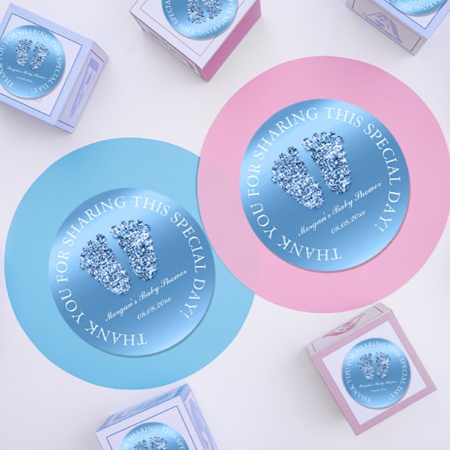 Sticker Rond Parties scintillant Pieds Baby shower Favoriser Me (Baby Blue Shower Glitter Effect Feet Sticker Thank You Favor)