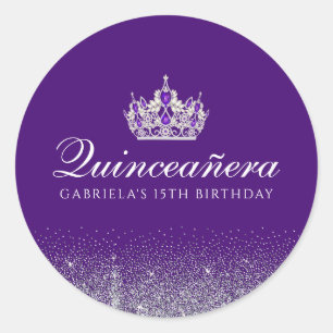 Sticker Rond Parties scintillant pourpre Quinceanera