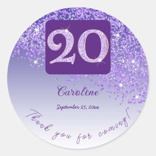 Sticker Rond Parties scintillant pourpre tombante, 20e annivers (Devant)