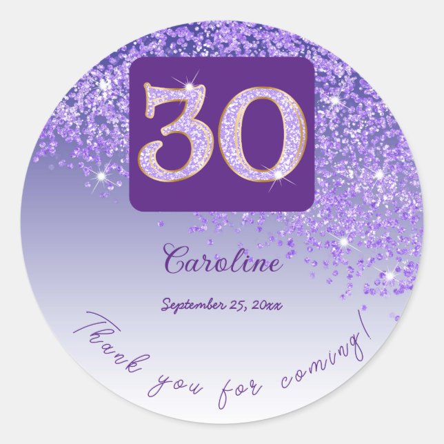 Sticker Rond Parties scintillant pourpre tombante, 30e annivers (Devant)