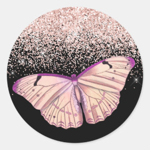 Sticker Rond Parties scintillant rose à papillon d'or