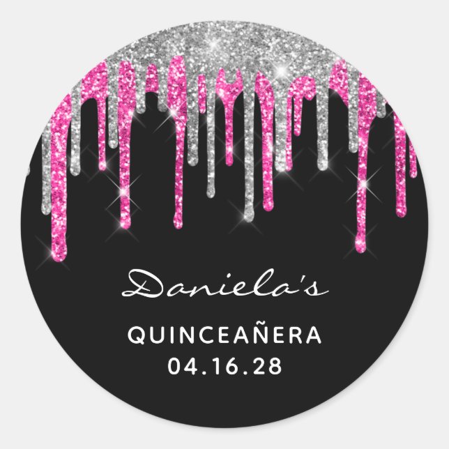 Sticker Rond Parties scintillant rose chaud argent gouttes noir (Devant)