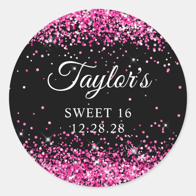 Sticker Rond Parties scintillant rose chaud Black Sweet 16 (Devant)