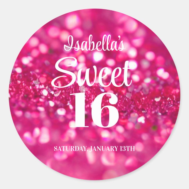 Sticker Rond Parties scintillant rose chaud glam Sweet 16 Anniv (Devant)
