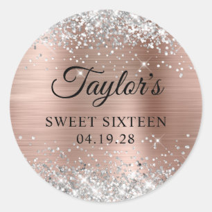 Sticker Rond Parties scintillant Rose d'argent Sweet sixteen d'