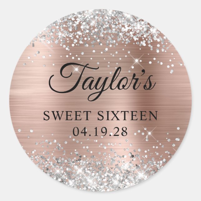 Sticker Rond Parties scintillant Rose d'argent Sweet sixteen d' (Devant)