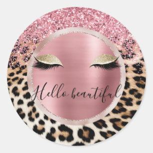 Sticker Rond Parties scintillant rose éclatante cils d'or léopa
