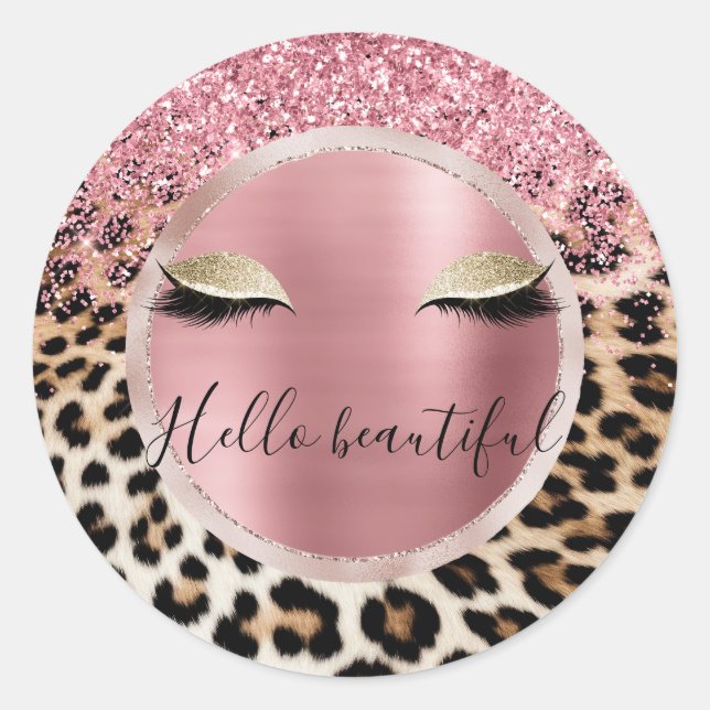 Sticker Rond Parties scintillant rose éclatante cils d'or léopa (Devant)