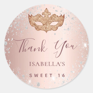 Sticker Rond Parties scintillant rose en or doux 16 mascarade