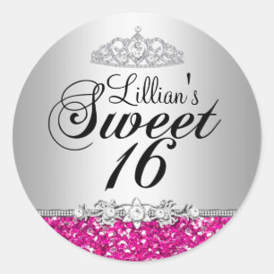 Sticker Rond Parties scintillant rose et diamant Tiara Sweet 16