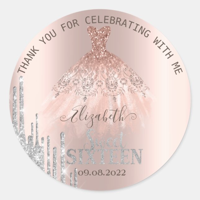 Sticker Rond Parties scintillant  Rose Gold Robe Sweet 16 (Devant)