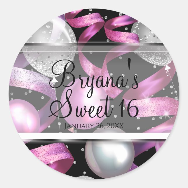 Sticker Rond Parties scintillant rose noir argent doux 16 fête  (Devant)