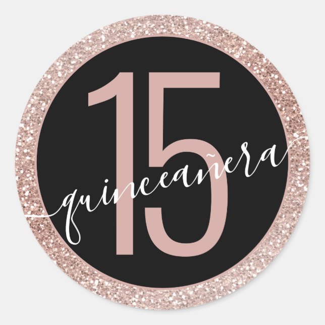 Sticker Rond Parties scintillant rose noir moderne 15e Quinceañ (Devant)