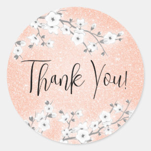 Sticker Rond Parties scintillant rose or cerisier fleurs Merci