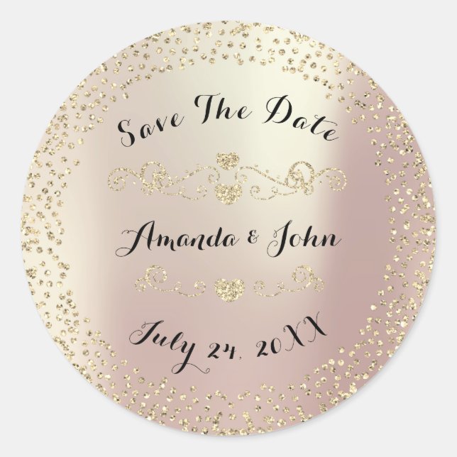 Sticker Rond Parties scintillant Rose or Enregistrer la date ro (Devant)