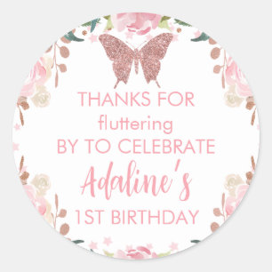 Sticker Rond Parties scintillant rose papillon Anniversaire
