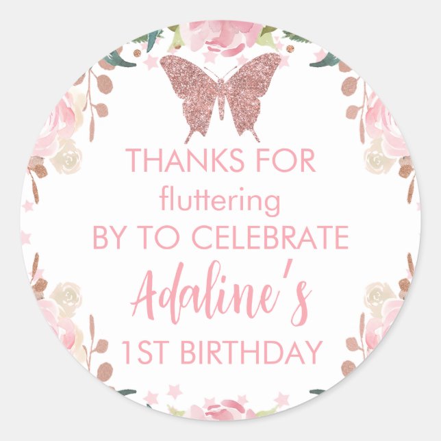 Sticker Rond Parties scintillant rose papillon Anniversaire (Devant)