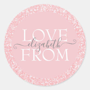 Sticker Rond Parties scintillant rose personnalisée avec nom d'