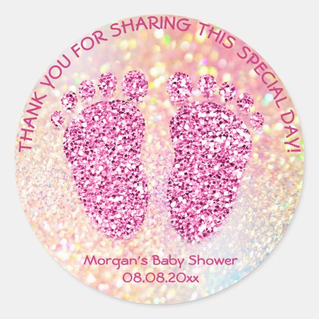 Sticker Rond Parties scintillant rose Pieds Baby shower Favoris (Devant)