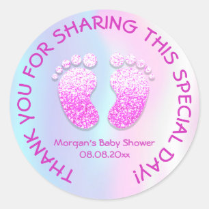 Sticker Rond Parties scintillant rose pieds Baby shower Iridesc