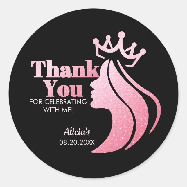 Sticker Rond Parties scintillant rose Reine Noir Anniversaire M (Devant)