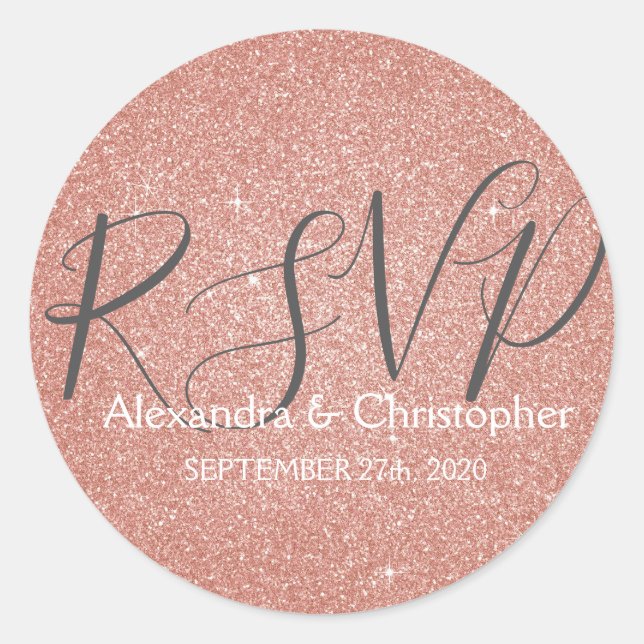 Sticker Rond Parties scintillant Rose Rose Gold et Sparkle RSVP (Devant)