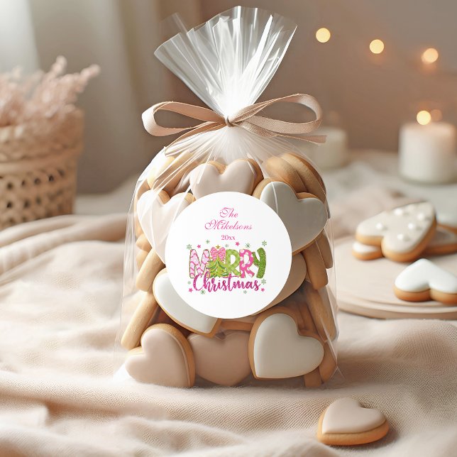 Sticker Rond Parties scintillant rose verte Joyeux Noël (Créateur téléchargé)