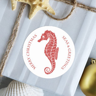Sticker Rond Parties scintillant Rouge Seahorse Tropical Beach 