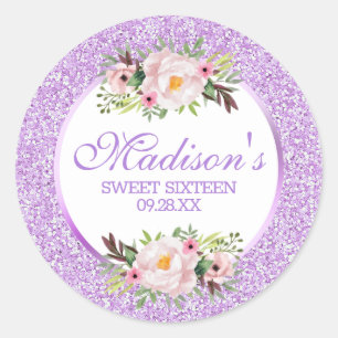Sticker Rond Parties scintillant tendance Purple Floral Sweet 1