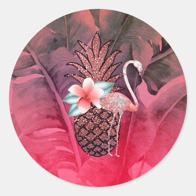Sticker Rond Parties scintillant tropicale rose Ananas Luau (Devant)