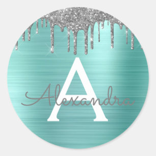 Sticker Rond Parties scintillant Turquoise argentée en métal br