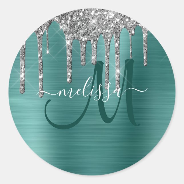 Sticker Rond Parties scintillant Turquoise de goutte brosse Mon (Devant)