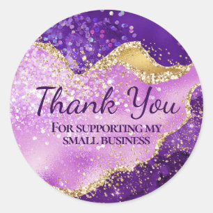 Sticker Rond Parties scintillant violet et or Agate Merci