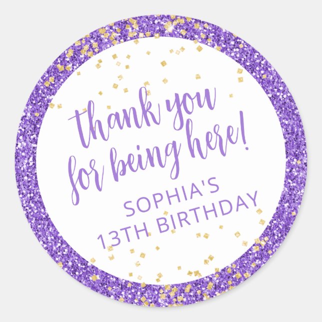 Sticker Rond Parties scintillant violette Confetti Merci Annive (Devant)