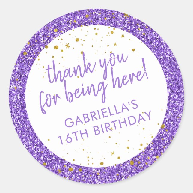 Sticker Rond Parties scintillant violette Confetti Merci Annive (Devant)