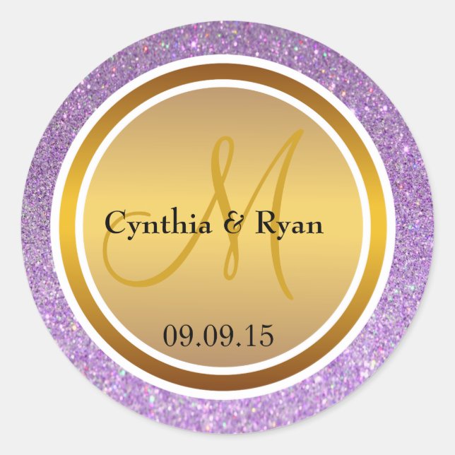 Sticker Rond Parties scintillant violette et Mariage d'or métal (Devant)
