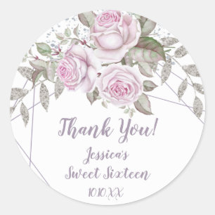 Sticker Rond Parties scintillantes argentées florales pourpres