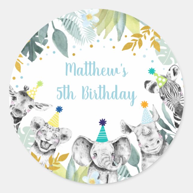 Sticker Rond Party Animal Blue Gold Safari Anniversaire (Devant)