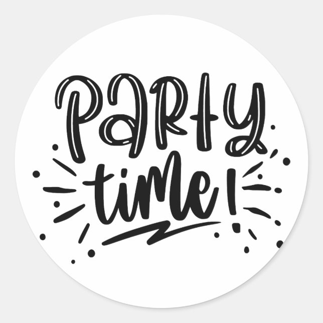 Sticker Rond Party Time! Fun Black & White Hand-Lettered Script (Devant)