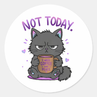 Sticker Rond Pas aujourd'hui Grumpy Cat Amoureux du Café Mignon