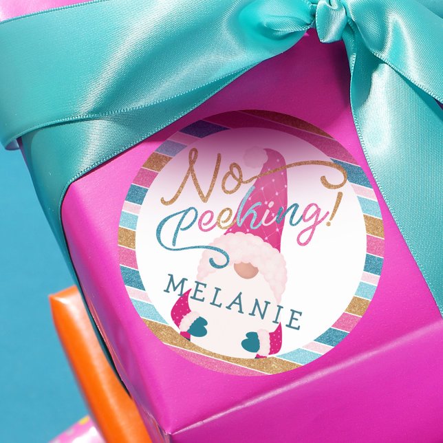 Sticker Rond Pas de Parties scintillant brillante de Pékin Gnom (No Peeking Bright Glitter Stripe Gnome Santa Claus Classic Round Sticker)