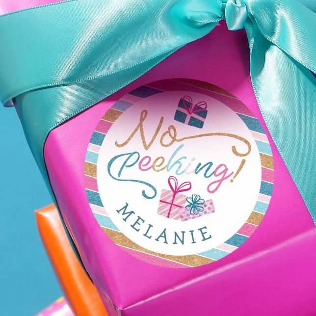 Sticker Rond Pas de Peeking Parties scintillant brillante Bande (No Peeking Bright Glitter Stripe Colorful Presents Classic Round Sticker)