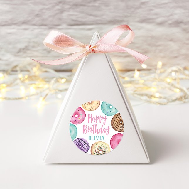 Sticker Rond Pastel Aquarelle Donut Personnalisé Anniversaire (Créateur téléchargé)