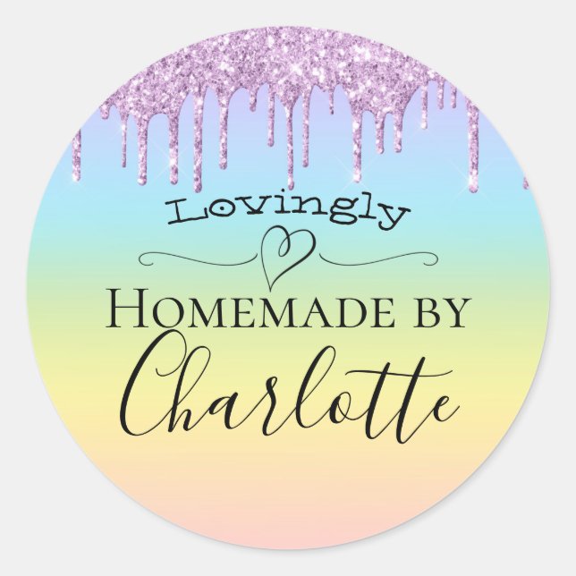 Sticker Rond Pastel Arc-en-ciel avec Parties scintillant roses (Devant)