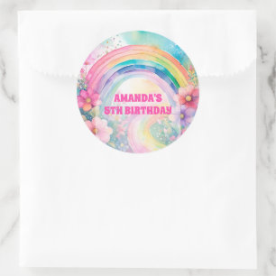 Sticker Rond Pastel Arc-en-ciel Fleurs Rétro Anniversaire