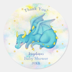 Sticker Rond Pastel Blue Dragon Boy Baby shower Merci