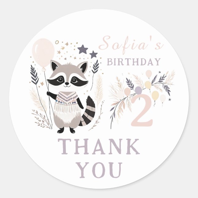 Sticker Rond Pastel Boho Raccoon & Balloons Anniversaire Merci (Devant)