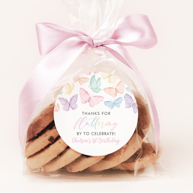 Sticker Rond Pastel Butterfly Girl's 1er Anniversaire Rainbow F (Pastel Rainbow Butterfly 1st Birthday Favor stickers)