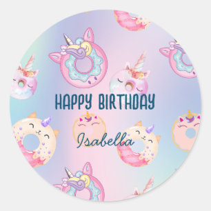 Sticker Rond Pastel clair Unicornes Arc-en-ciel Donuts