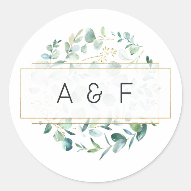 Sticker Rond Pastel Eucalyptus Mariage géométrique Monogramme (Devant)